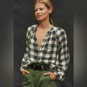 PILCRO Plaid Button Front Blouse Black Cream Lightweight Top Small Anthropologie